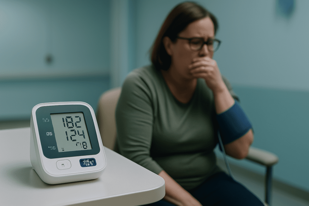 A clinical scene features a close-up of a digital blood pressure monitor reading 182/124 mmHg on a white examination table, with a pulse of 78 bpm. In the softly blurred background, a distressed middle-aged woman wearing a green shirt sits with a cuff on her arm, her downcast expression and the cool fluorescent lighting emphasizing the seriousness of a sudden hypertensive episode in a medical setting.