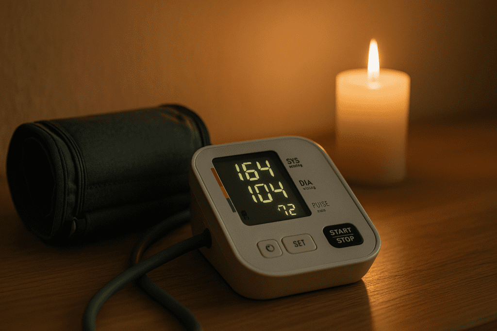 A digital blood pressure monitor displaying a high reading of 164/104 sits on a wooden table next to a softly flickering candle, creating a warm and introspective ambiance. The dim, atmospheric lighting and solitary setup emphasize the symbolic tension between calm surroundings and a sudden, dangerous spike in blood pressure, visually reinforcing the urgency of monitoring hypertensive episodes.