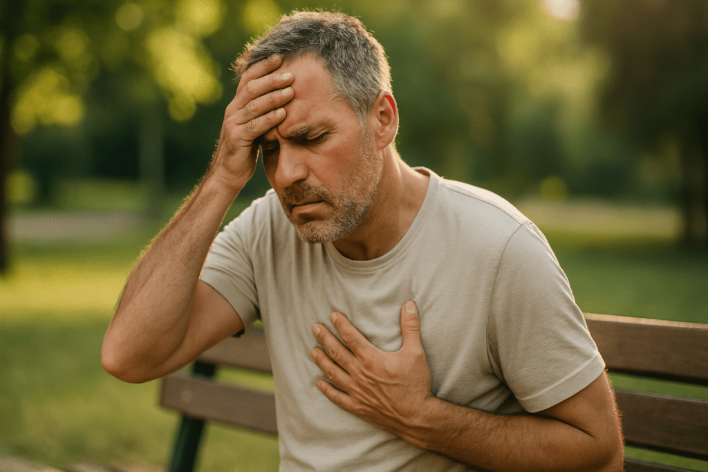 A middle-aged man with salt-and-pepper hair sits alone on a wooden park bench in soft late-afternoon sunlight, his hands pressed to his chest and forehead, clearly distressed. The peaceful outdoor setting, with leafy trees and dappled sunlight, contrasts with the man’s anxious expression, visually reinforcing the theme of sudden spikes in blood pressure and the importance of recognizing symptoms in real time.