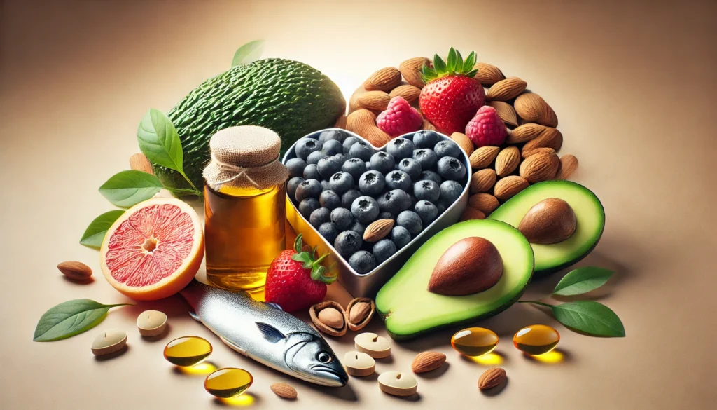 A conceptual arrangement of cholesterol-lowering superfoods, including avocados, fish oil capsules, almonds, and fresh berries. The natural composition emphasizes heart health and wellness.