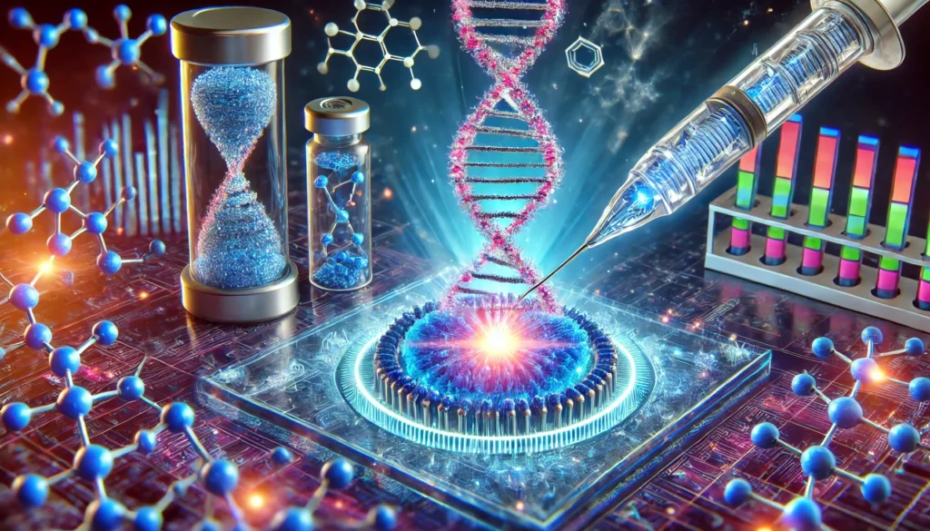 A futuristic visualization of precision medicine, featuring nanotechnology interacting with a DNA strand to repair genetic mutations at the molecular level. The scene is illuminated with vibrant blue and purple lights, symbolizing medical innovation and genetic research.