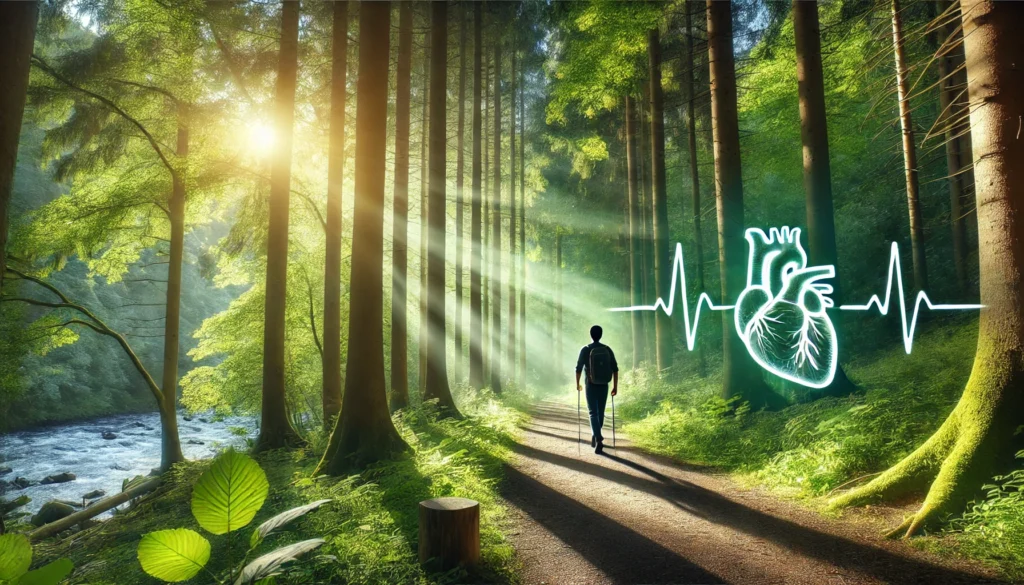 A person strolling through a lush green forest, surrounded by tall trees and filtered sunlight. The serene environment promotes relaxation, stress reduction, and cardiovascular well-being, symbolizing the heart-healthy benefits of nature walks.