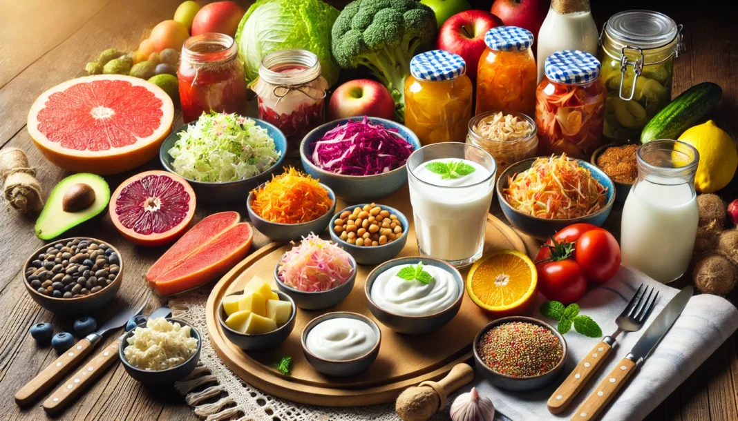 A colorful assortment of probiotic-rich foods, including Greek yogurt, kimchi, sauerkraut, miso, kombucha, and kefir, arranged on a wooden table with fresh fruits and vegetables.