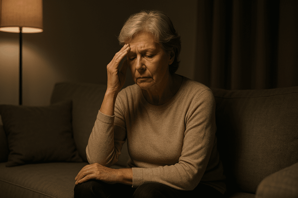 An older Caucasian woman in her sixties sits alone on a gray upholstered sofa in a warmly lit living room, her hand gently resting against her temple in a pose of quiet reflection. The soft glow from a nearby floor lamp and her pensive expression subtly convey the emotional and physical burden of age-related hypertension, creating an intimate and relatable depiction of the challenges of managing blood pressure as we age.