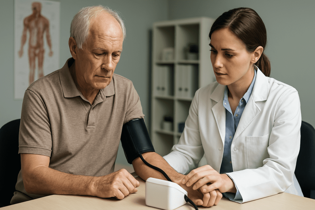 An elderly Caucasian man with white hair sits upright on a medical examination table while a healthcare professional in a white lab coat takes his blood pressure using a digital monitor. The brightly lit clinical setting, combined with the man's concerned expression and the focused demeanor of the clinician, underscores the theme of age-related hypertension and the importance of regular monitoring in older adults.