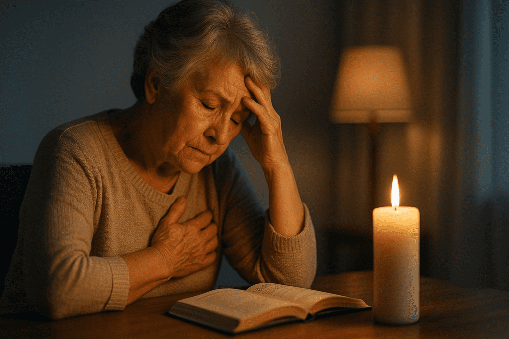 An elderly Caucasian woman sits alone at a dark wooden table in a softly lit room at night, her head resting in one hand as she gazes downward in quiet reflection. The warm candlelight casts gentle shadows across her thoughtful expression, while an open book and muted surroundings evoke the emotional weight of age-related hypertension and the solitude often accompanying chronic health concerns in later life.