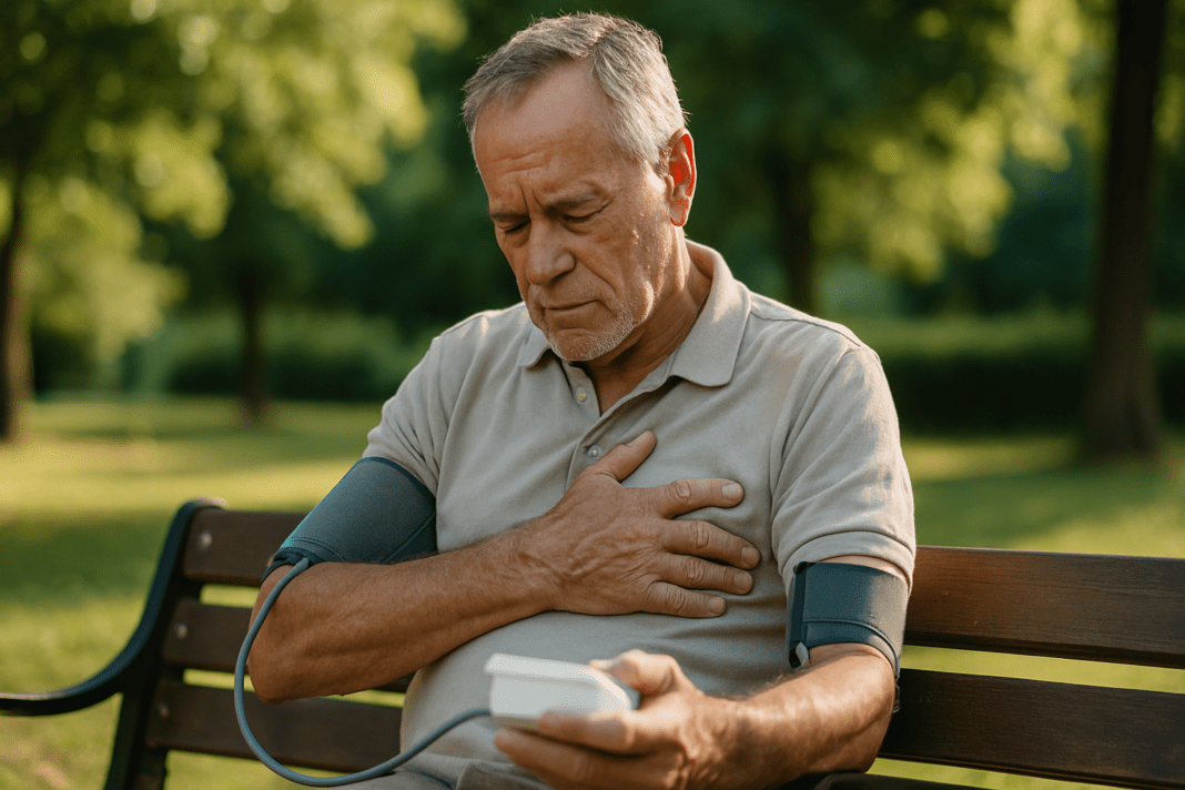 An elderly Caucasian man in his seventies sits alone on a park bench, using a digital blood pressure monitor on his left arm. Set in a quiet outdoor environment with soft afternoon sunlight and minimal background distractions, the image visually conveys age-related health monitoring and the theme of increasing blood pressure with age. The man's contemplative expression emphasizes the emotional weight of managing hypertension in later life.