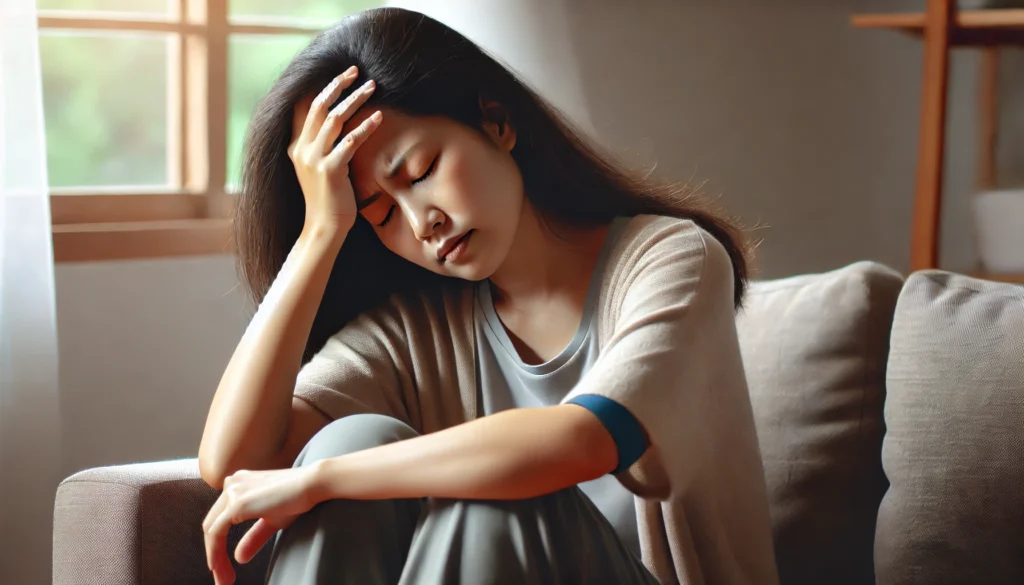 A woman sitting on a couch with her hand on her head, appearing dizzy and fatigued. Her unwell expression symbolizes common symptoms of high blood pressure, such as lightheadedness and discomfort.