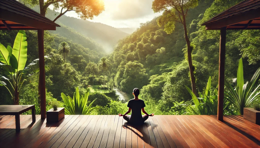 A peaceful outdoor scene of a person practicing yoga on a wooden deck overlooking lush greenery. The serene setting and meditative pose symbolize natural stress relief and improved joint health.