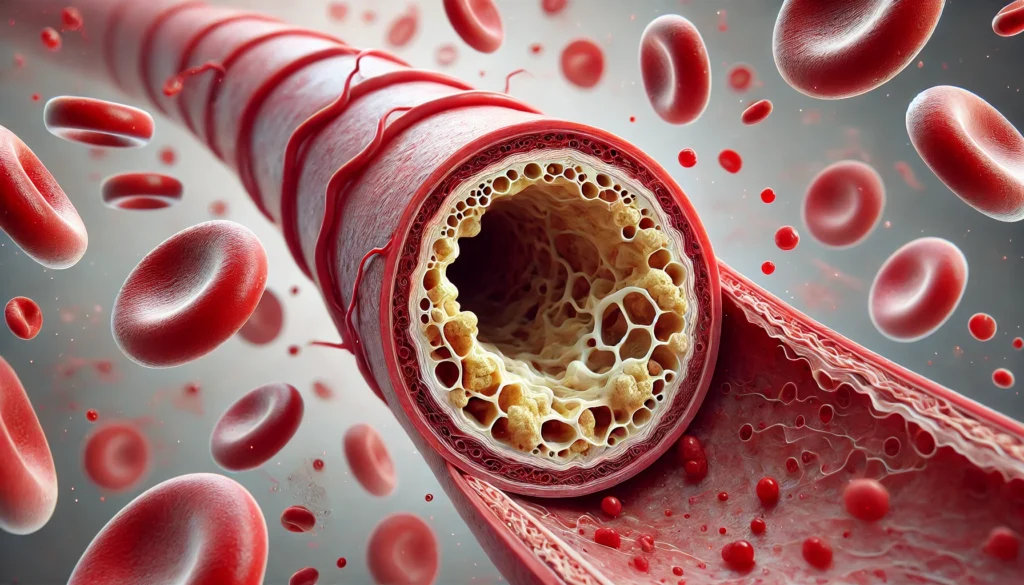 A high-resolution illustration showing plaque buildup inside the aorta, narrowing the artery.