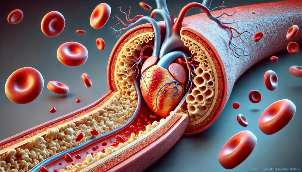 A detailed 3D-rendered visualization of severe plaque accumulation, artery hardening, and potential clot formation.