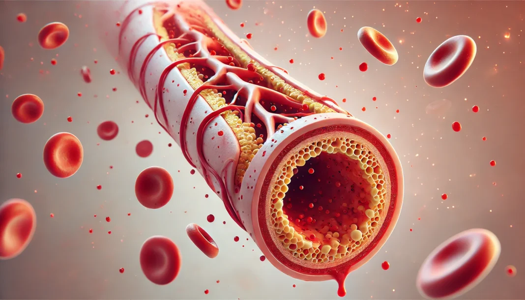 A high-resolution medical illustration showing plaque buildup inside the aorta, with fatty deposits narrowing the artery.