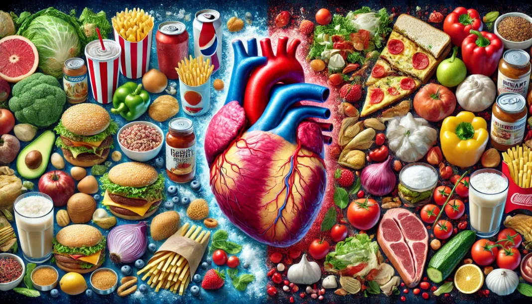 An artistic depiction of a human heart surrounded by various food items, symbolizing the impact of diet on cardiovascular health. On one side, fast food, sugary drinks, and processed foods appear to burden the heart, while the other side is filled with fresh vegetables, lean proteins, and whole grains, visually representing nourishment and protection. The use of color contrast highlights the difference between harmful and heart-friendly dietary choices