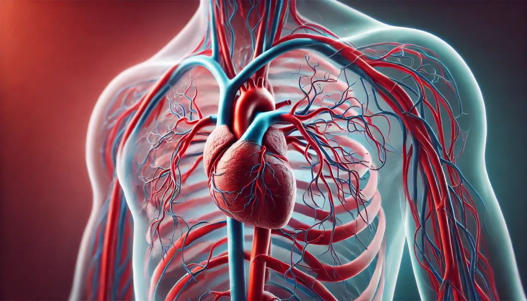A highly detailed medical illustration of human arteries, showing major blood vessels connected to the heart, emphasizing oxygen-rich blood flow with red and blue tones