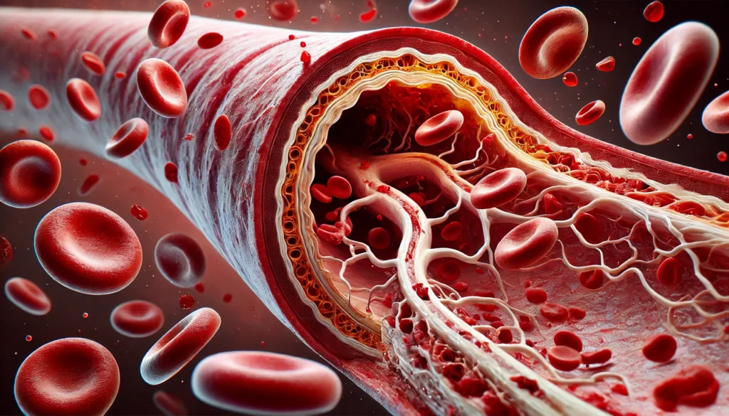 A cross-sectional view of a human artery displaying arterial wall layers, red blood cells, and plaque buildup, illustrating the contrast between a healthy and blocked artery.