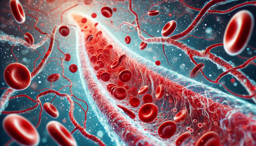 A vibrant 3D-rendered visualization of blood circulation through arteries, depicting the smooth movement of oxygen-rich red blood cells within a healthy vascular system.