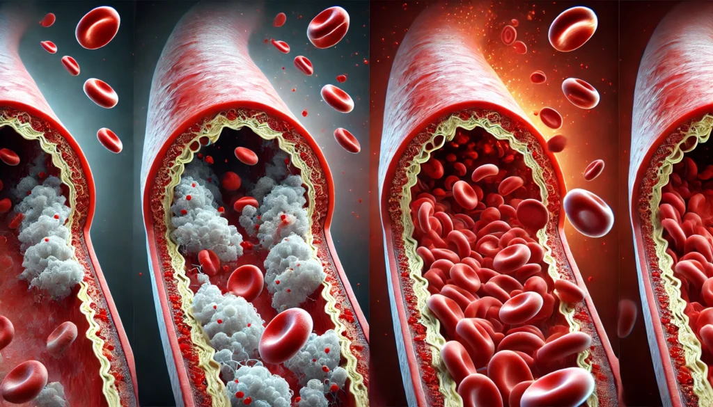 A side-by-side comparison of a healthy artery versus a clogged artery affected by atherosclerosis, illustrating the impact of cholesterol deposits on blood flow.