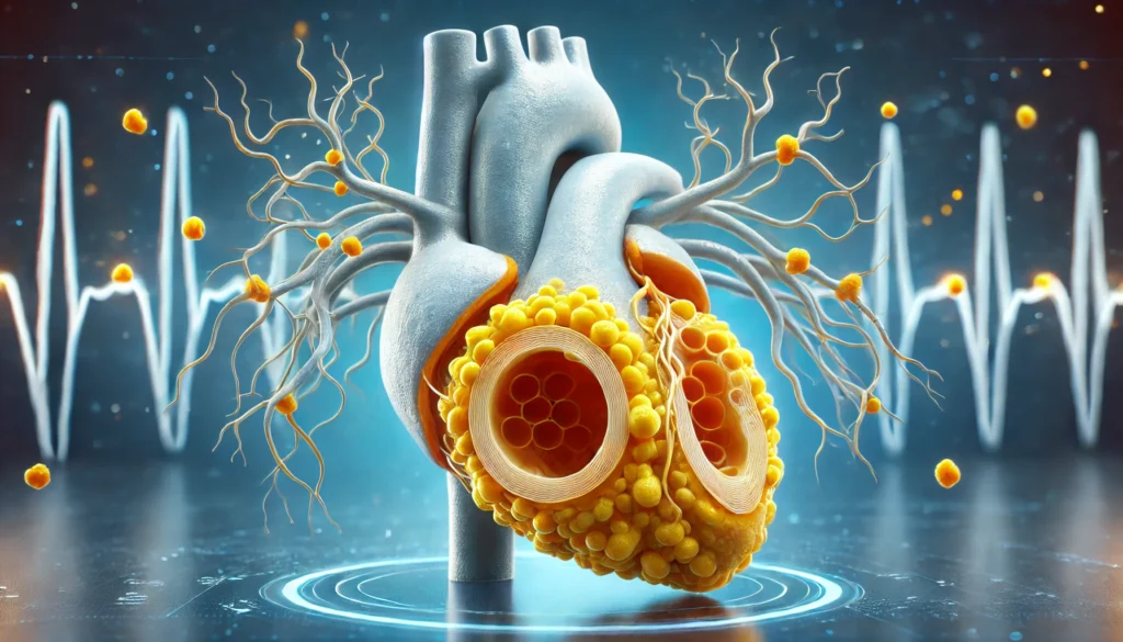 A 3D-rendered medical visualization of coronary arteries affected by atherosclerosis, with constricted arteries showing yellowish plaque deposits along the arterial walls.