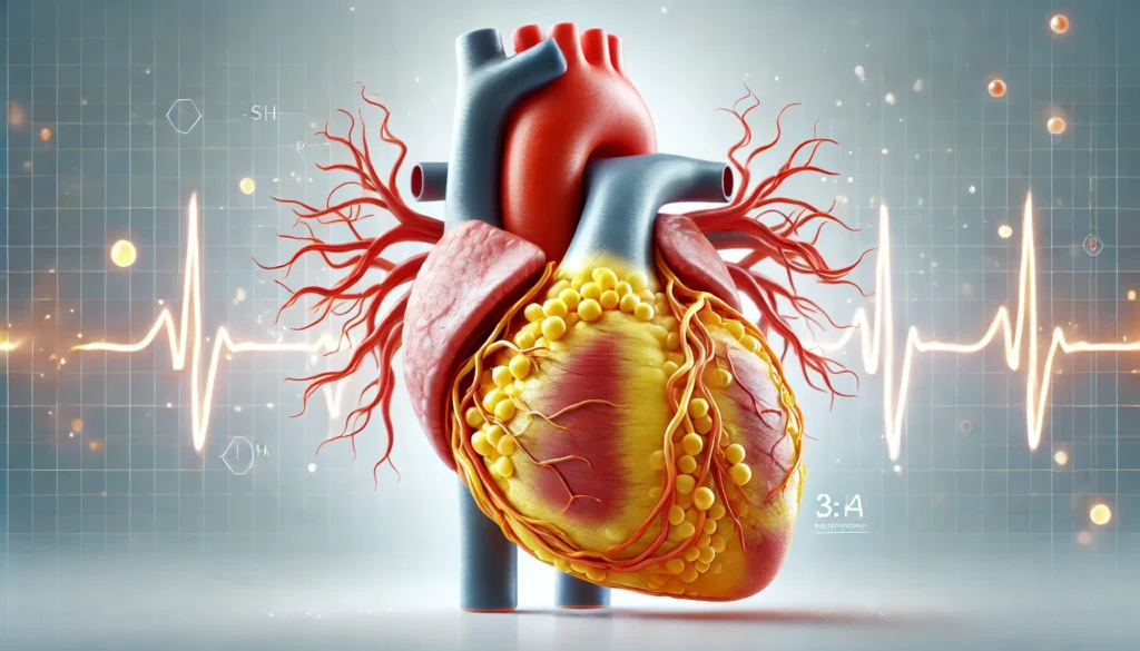A highly detailed medical illustration of a human heart with atherosclerosis in the coronary arteries, showing narrowed arteries due to yellowish plaque buildup, with a semi-transparent effect to highlight internal obstructions.