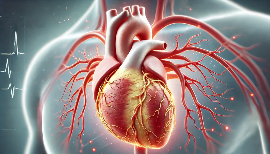 A detailed medical illustration of a human heart with visible atherosclerosis in the coronary arteries, showing narrowed arteries due to plaque buildup with a semi-transparent effect to highlight internal blockages.