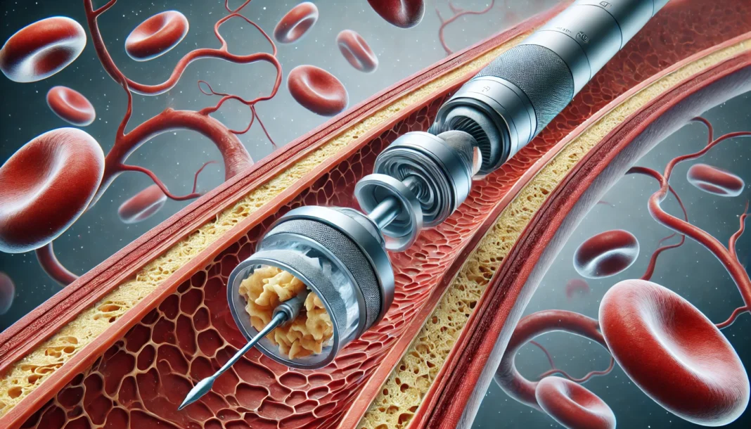 A high-tech medical illustration of an atherectomy procedure showing a specialized catheter with a rotating blade removing plaque from a clogged artery. The artery is displayed in cross-section, emphasizing the tool breaking down the plaque and restoring smooth blood flow.