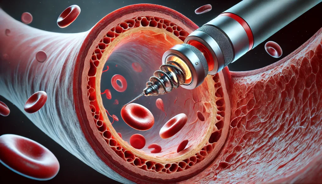 A realistic 3D-rendered medical visualization of an atherectomy procedure, depicting a specialized catheter with a rotating or laser-based cutting mechanism breaking down hardened plaque within a narrowed artery. The cross-sectional view highlights the plaque removal process and improved blood circulation.