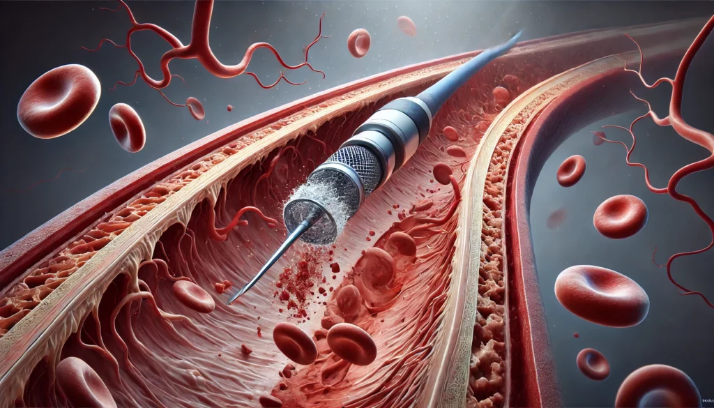 A detailed cross-sectional medical illustration of an artery undergoing an atherectomy procedure, featuring a precision-guided catheter with a spinning blade cutting away plaque deposits. The image showcases plaque fragments being safely removed and the bloodstream flowing smoothly through the cleared passage.