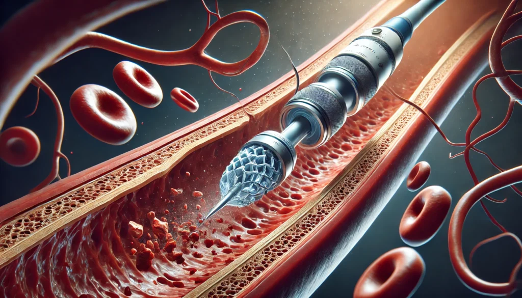 A high-resolution 3D-rendered medical visualization of an atherectomy procedure, showing an advanced catheter device removing plaque from a partially blocked artery. The cross-sectional image highlights intricate details of the catheter’s cutting mechanism and plaque being cleared, restoring optimal blood flow.