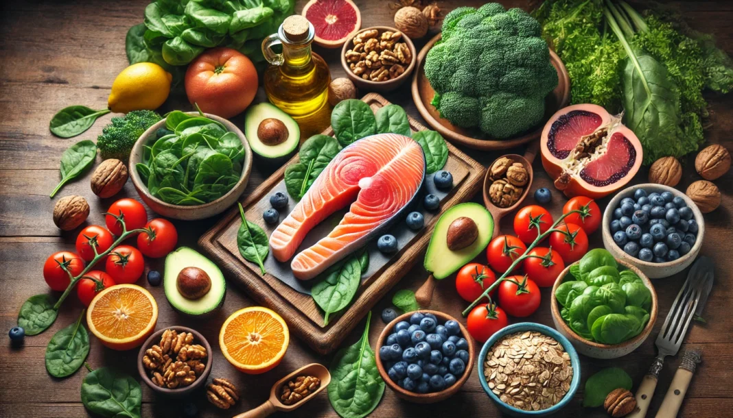 A beautifully arranged spread of heart-healthy foods on a wooden kitchen counter, including salmon fillets, leafy greens, avocados, walnuts, blueberries, olive oil, whole grains like quinoa and oats, tomatoes, and citrus fruits, all highlighted under natural lighting.