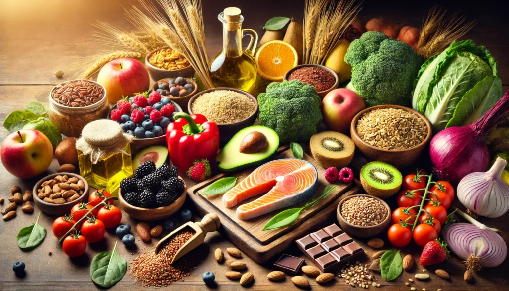 A vibrant assortment of heart-healthy foods displayed on a wooden countertop, including avocado slices, salmon fillets, olive oil, brown rice, quinoa, mixed nuts, dark chocolate, and a bowl of colorful berries, illuminated by warm natural light.
