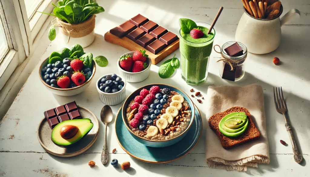A visually stunning heart-healthy breakfast spread featuring a bowl of oatmeal topped with fresh berries and nuts, a green smoothie made from spinach and bananas, whole grain toast with avocado slices, and a small dish of dark chocolate squares, with natural sunlight streaming in.