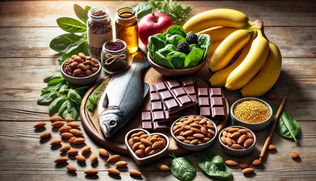A collection of heart-healthy natural foods and supplements, including bananas, dark chocolate, almonds, leafy greens, and omega-3-rich fish, arranged on a rustic wooden table with warm natural light.