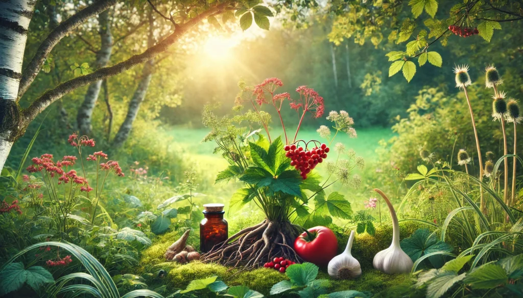 A serene meadow filled with medicinal plants and herbs known for heart health, such as valerian root, hawthorn berries, and garlic, bathed in soft sunlight filtering through the trees.