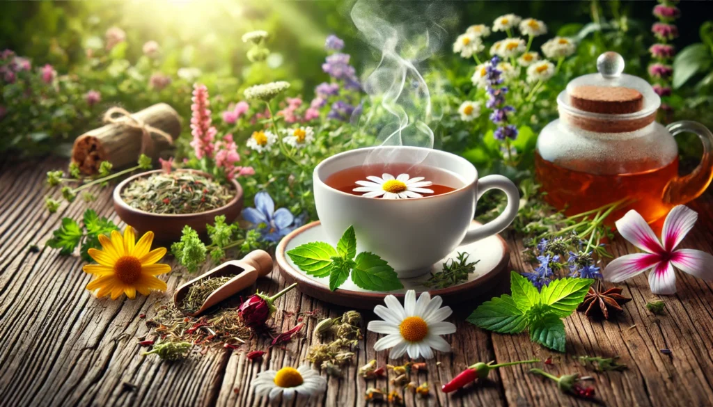 A steaming cup of herbal tea made from natural beta-blocker ingredients like valerian root, chamomile, and hibiscus, placed on a wooden table with fresh herbs and flowers in the background.