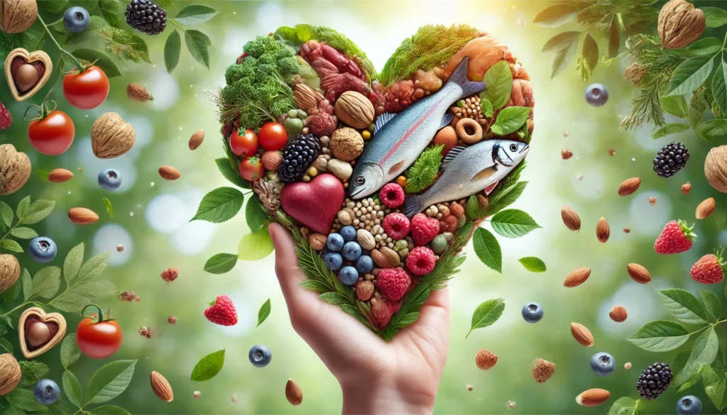 A conceptual representation of a human heart composed of natural ingredients like nuts, berries, fish, and leafy greens, symbolizing heart health and natural beta-blockers against a soft-focus nature background.