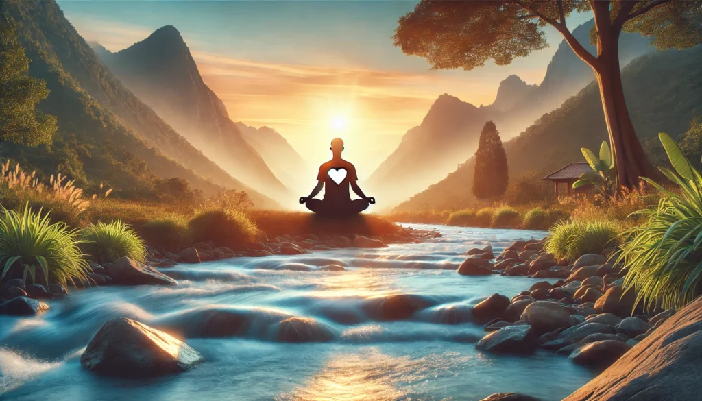A peaceful image of a person meditating at sunrise by a river and mountains, symbolizing stress reduction as a key factor in heart health.