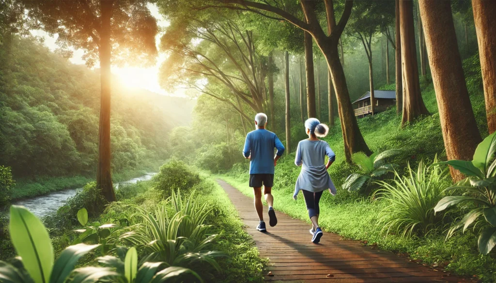 A serene scene of an elderly couple jogging along a forest trail, highlighting the role of physical activity in maintaining clear arteries.