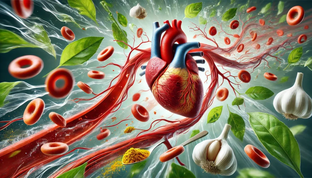 A dynamic depiction of clear, open arteries with red blood cells moving smoothly, surrounded by natural heart health remedies like turmeric, garlic, and green tea.