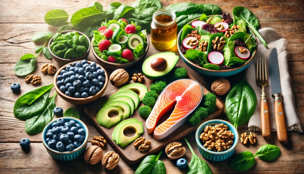 A vibrant meal spread featuring fresh salmon, avocado, walnuts, blueberries, and leafy greens, emphasizing nutrition for heart health.