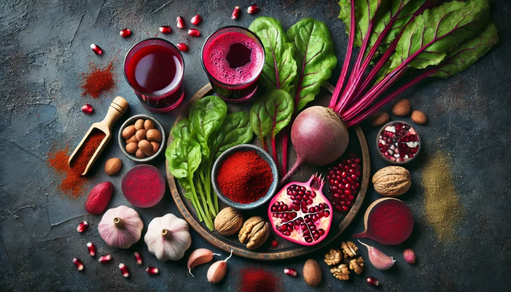 A visually appealing assortment of blood circulation-boosting foods on a dark background, showcasing pomegranate seeds, beets, leafy greens, garlic cloves, nuts, turmeric powder, and a glass of beetroot juice.