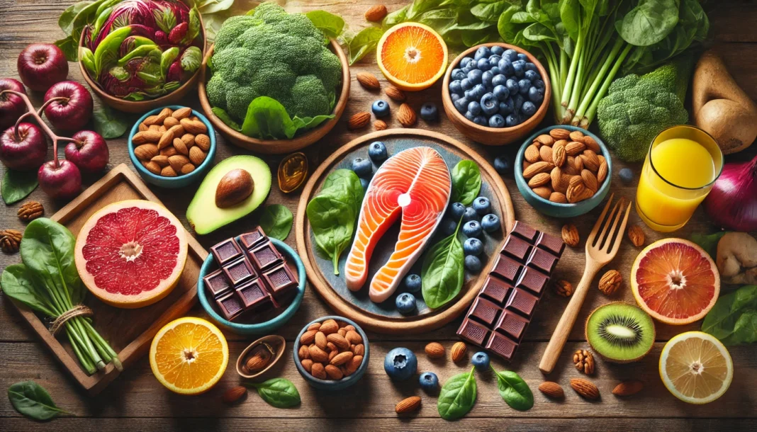 A colorful spread of heart-healthy foods on a wooden table, including salmon fillets, blueberries, dark chocolate, nuts, leafy greens, avocado, and citrus fruits, highlighting their natural benefits for improving blood circulation.
