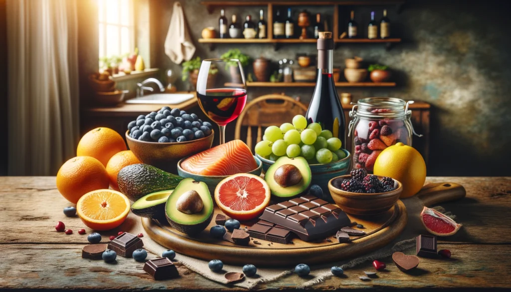 A beautifully arranged selection of heart-healthy foods displayed on a rustic kitchen counter, featuring avocado slices, fatty fish like salmon, blueberries, dark chocolate, citrus fruits, and a glass of red wine in a warm, inviting setting.