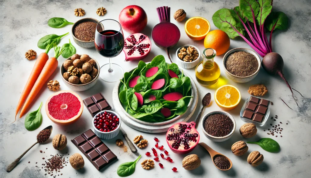 A nutritious and visually appealing selection of foods that promote healthy blood circulation, arranged on a clean white marble surface. The display includes fresh spinach, sliced beets, walnuts, dark chocolate, pomegranate, citrus fruits, flaxseeds, a glass of red wine, and a drizzle of olive oil, emphasizing their heart-healthy benefits.