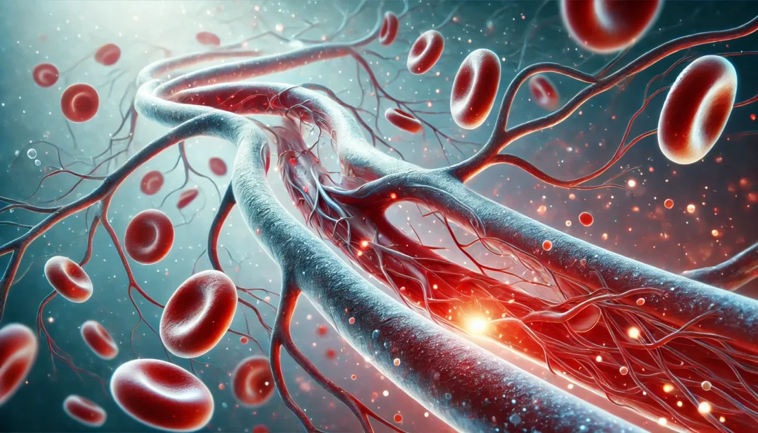 A realistic medical illustration showing arteries dilating with smooth blood flow, symbolizing improved cardiovascular health.