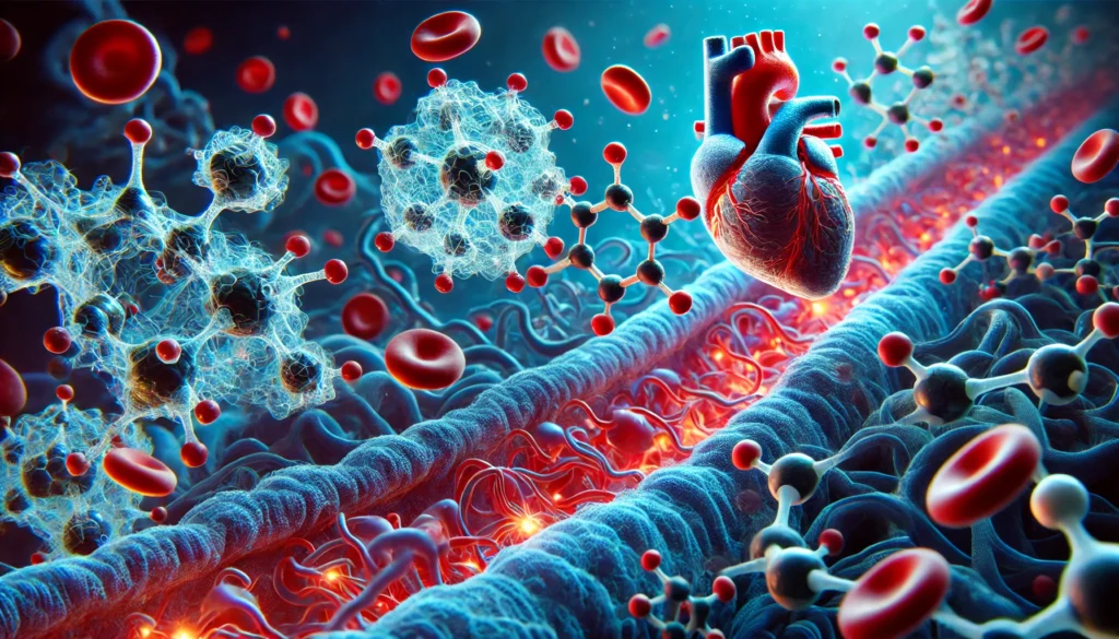 A 3D-rendered visualization of nitric oxide molecules promoting vasodilation within blood vessels.