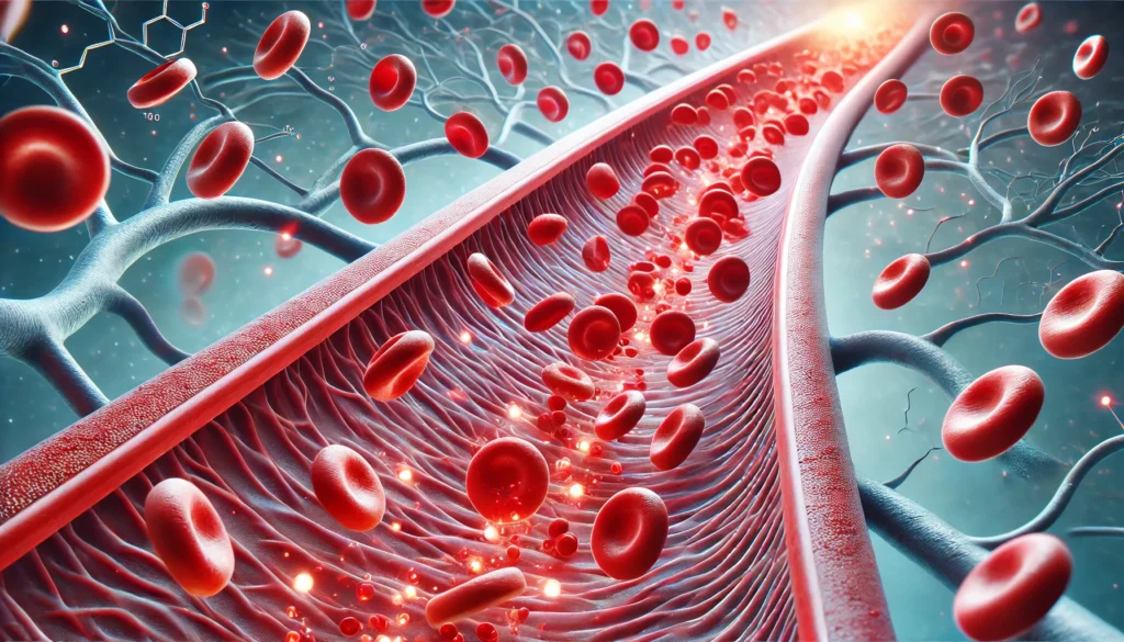 A 3D medical illustration showing red blood cells moving smoothly through widened arteries, representing improved circulation.