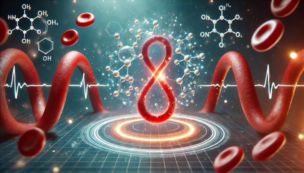 A conceptual digital artwork showing a glowing bloodstream with abstract nitric oxide molecules, symbolizing its role in regulating blood pressure.