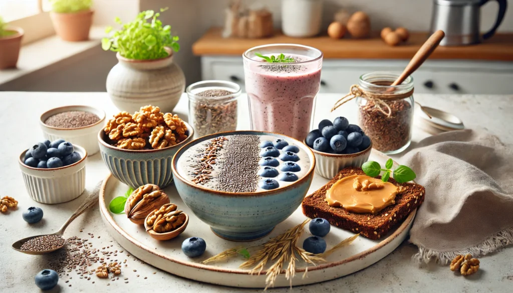 A nutritious breakfast arrangement with a smoothie bowl containing chia seeds, flaxseeds, and blueberries, accompanied by a plate of walnuts and whole-grain toast with peanut butter, set in a minimalist kitchen with soft natural light.