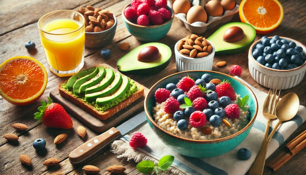 A vibrant breakfast spread featuring a bowl of oatmeal topped with fresh berries, avocado toast on whole grain bread, a glass of orange juice, and a handful of almonds on a rustic wooden table with natural lighting.