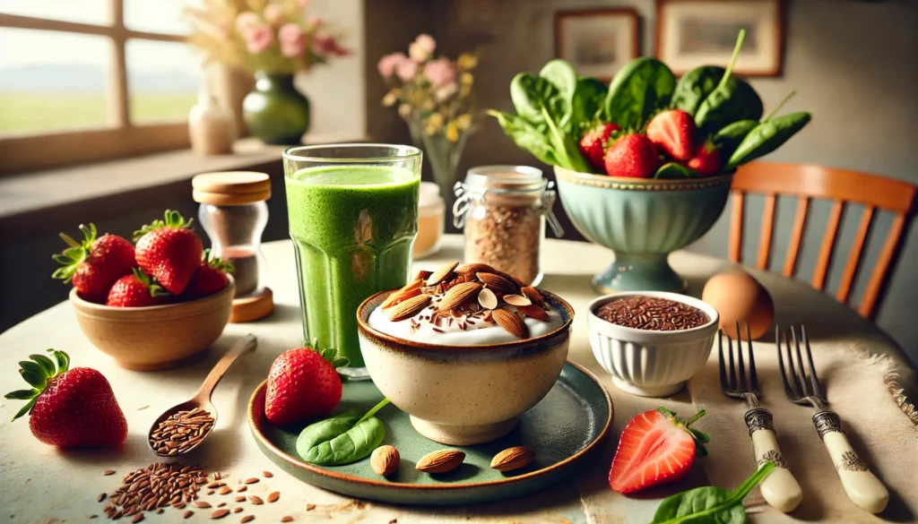 A heart-healthy breakfast featuring Greek yogurt topped with sliced almonds, fresh strawberries, and flaxseeds, paired with a green smoothie made from spinach and banana, placed in a cozy breakfast nook with warm lighting.